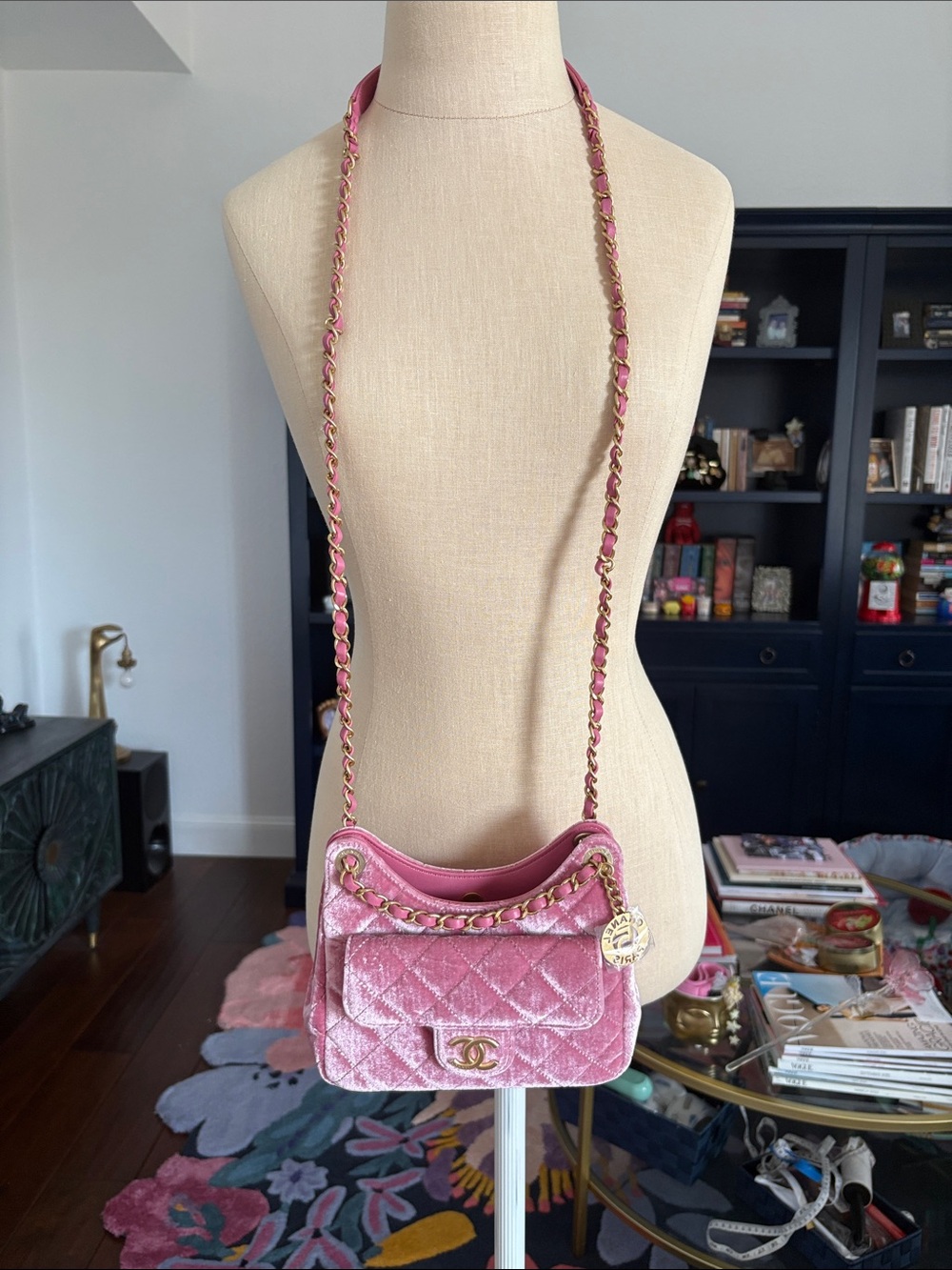 CHANEL Pink Velvet Quilted Mini Hobo Bag with Gold Chain